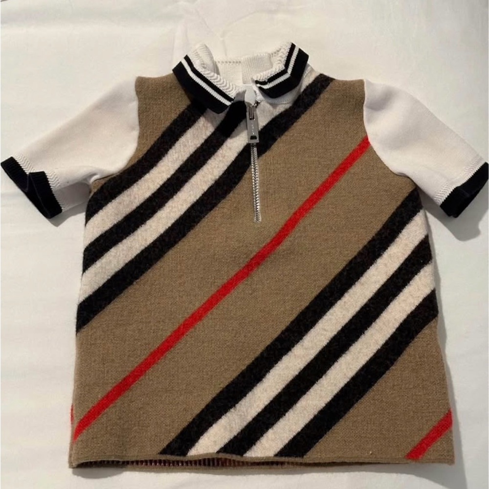 Burberry Kids Polo with Bold Stripes in Black, White, Tan, and Red